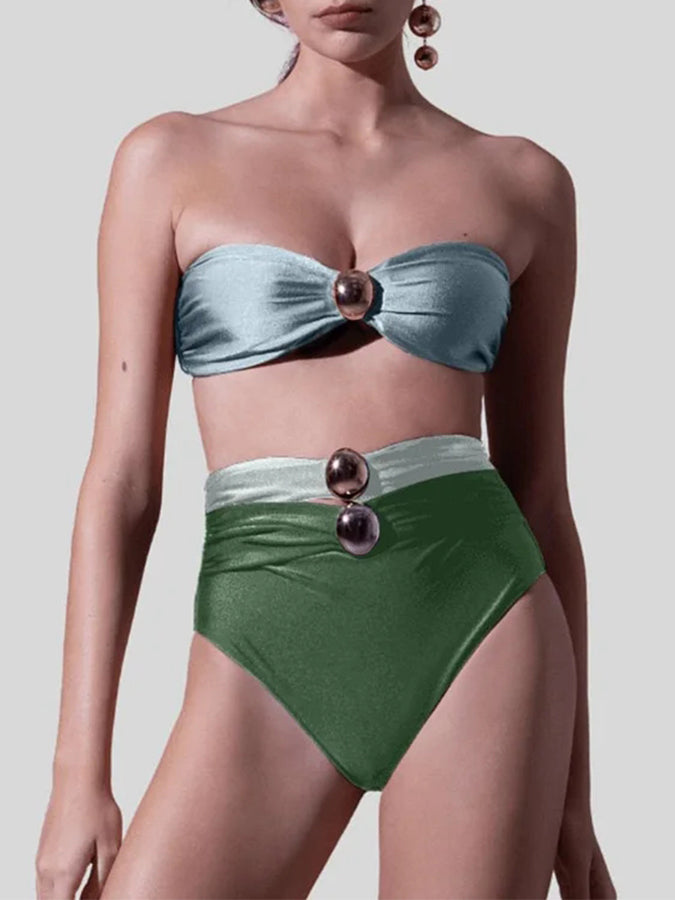 Sling Color Block Cutout High Waist Bikini Swimsuit and Skirt