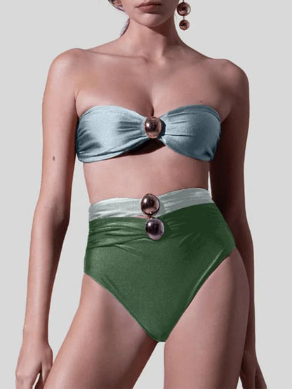 Sling Color Block Cutout High Waist Bikini Swimsuit and Skirt