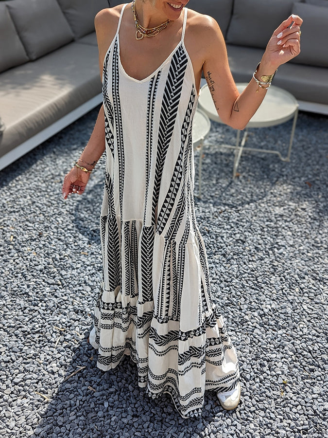 V Neck Sleeveless Tribal Holiday Maxi Dress