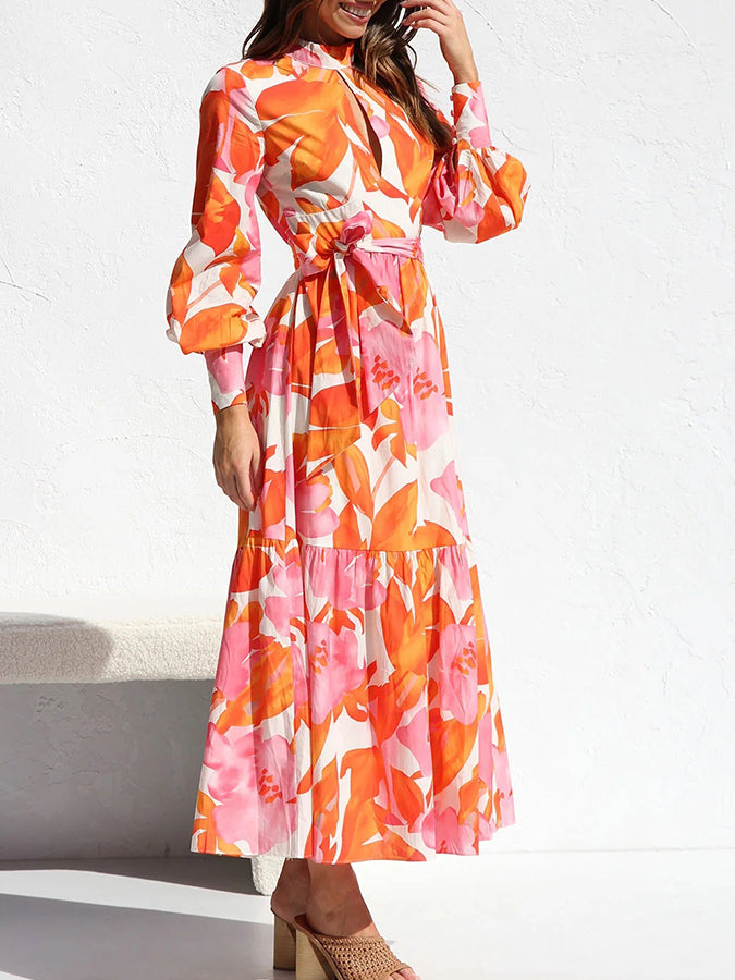 Long Sleeves Printed Lace-up Maxi Dress