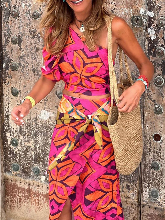 One Shoulder Geometric Printed Tops and Skirts