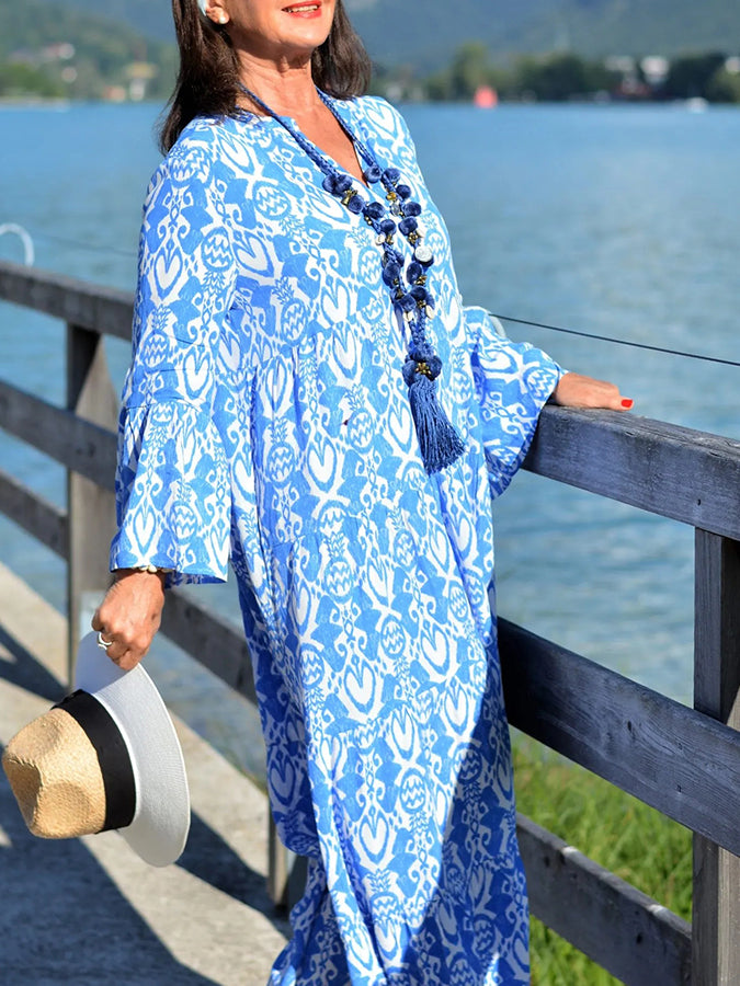 Long Sleeves V Neck Geometric Holiday Printed Maxi Dress