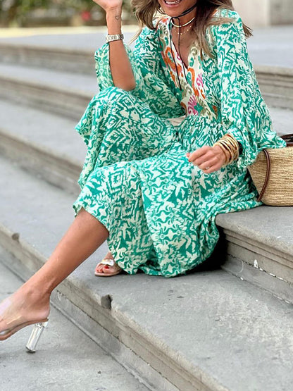 Green Printed Long Sleeves V Neck Maxi Dress
