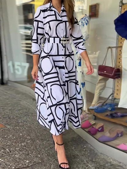 Long Sleeves Geometric Printed Maxi Dress