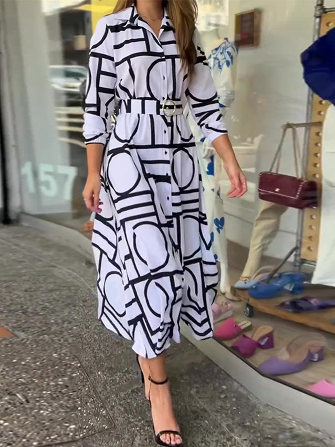 Long Sleeves Geometric Printed Maxi Dress