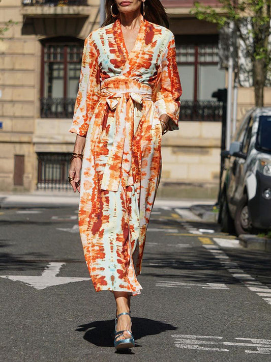 V Neck Long Sleeves Printed Lace-up Maxi Dress