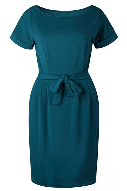 O Neck Midi Dress With Belt