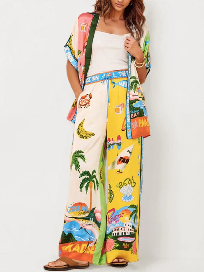 Sunset Beach Graphic Print Wide-leg Pants