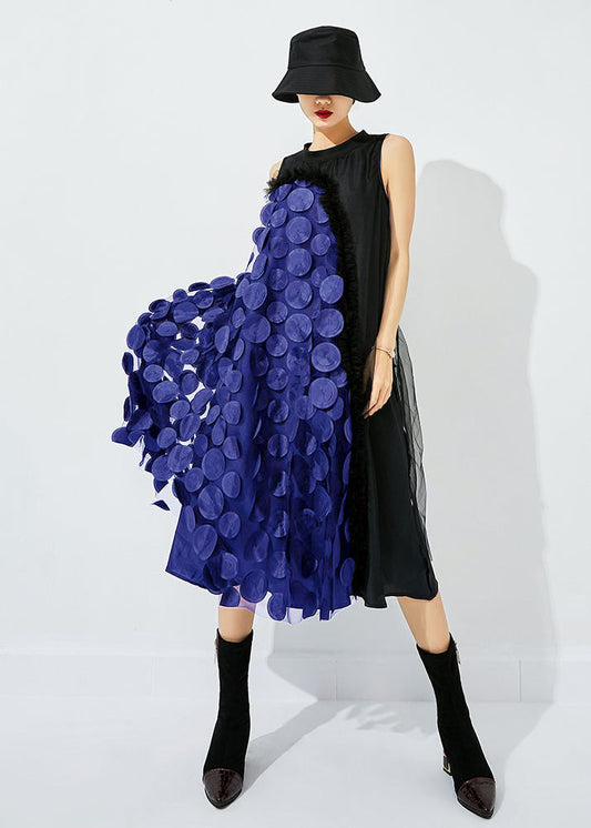 Black-blue Dot Asymmetrical Patchwork Wrinkled Tulle Maxi Dress Sleeveless Ly0871