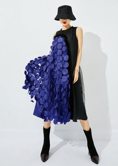 Black-green Dot Asymmetrical Patchwork Wrinkled Tulle Maxi Dress Sleeveless Ly0870