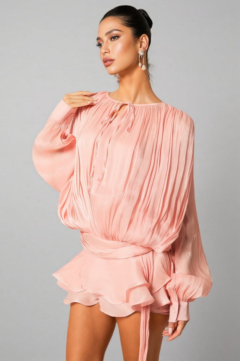 Niavia Pink Pleated Ruffle Hem Mini Dress