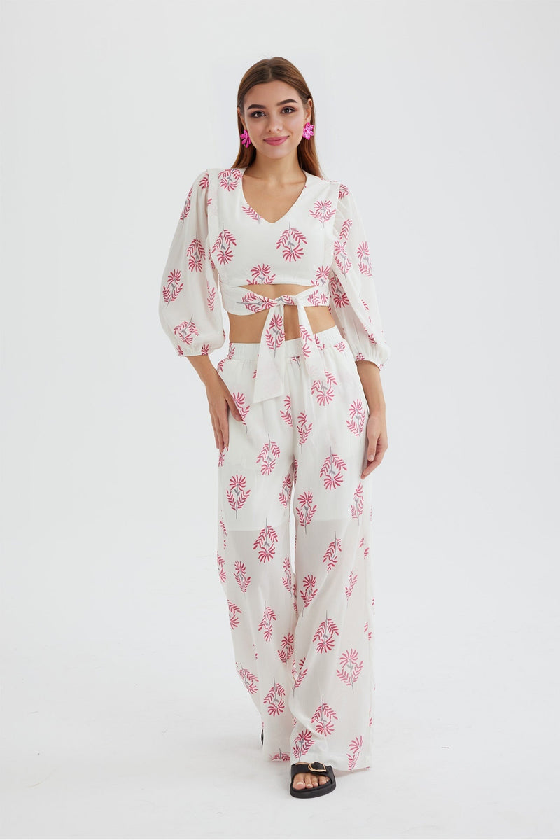 Print Puff Sleeve Knotted-front Tops Long Pants Suits