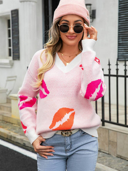 Lips of Love V-neck Knit Pullover Sweater