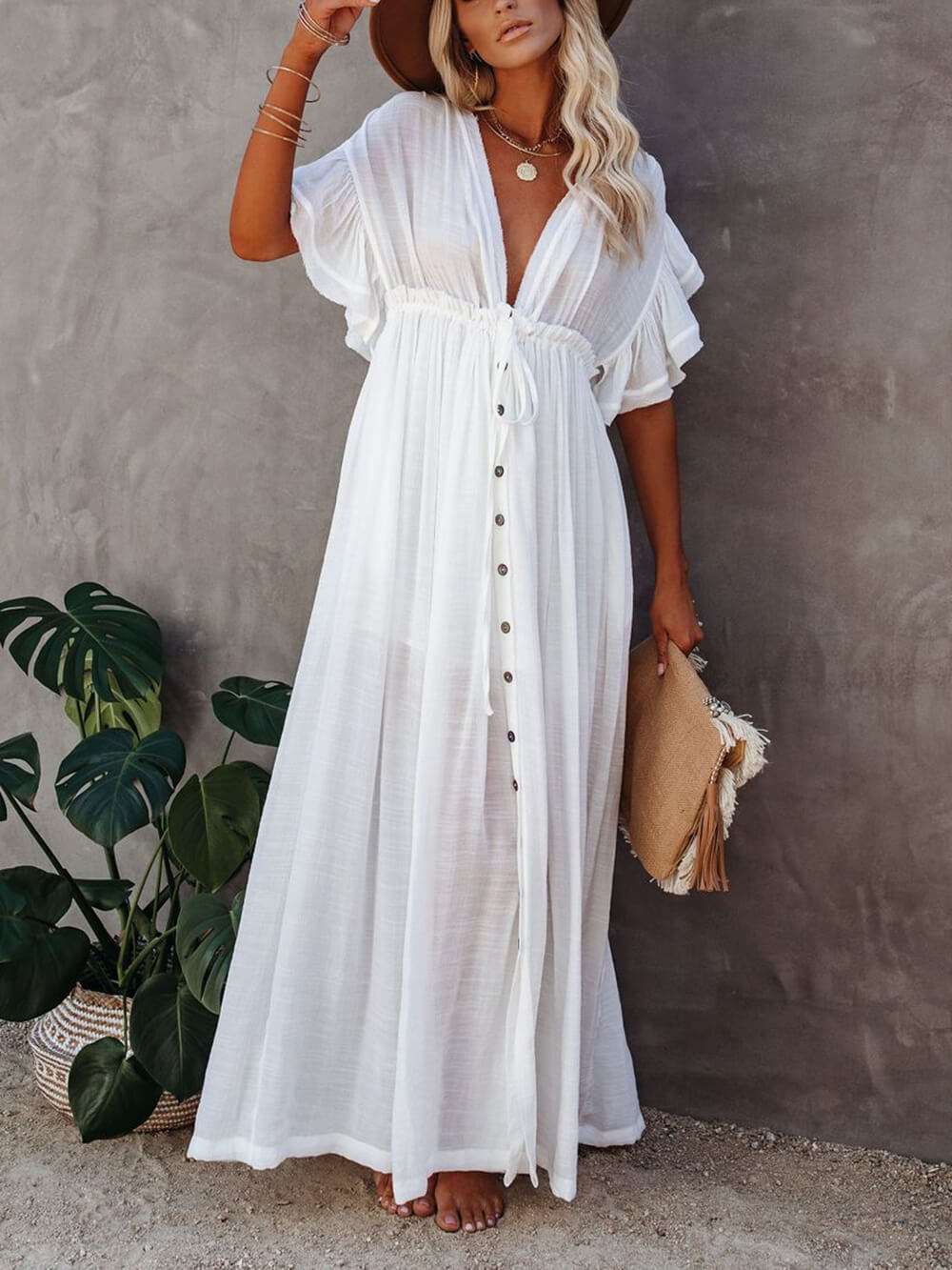 Button Cotton Linen Perfect Beach Maxi Dress
