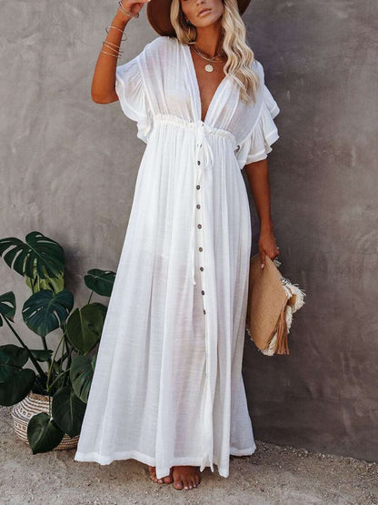 Button Cotton Linen Perfect Beach Maxi Dress