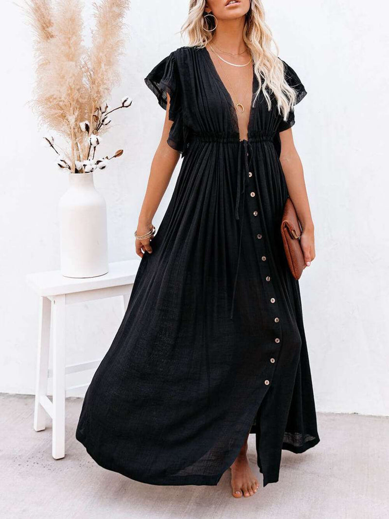 Button Cotton Linen Perfect Beach Maxi Dress
