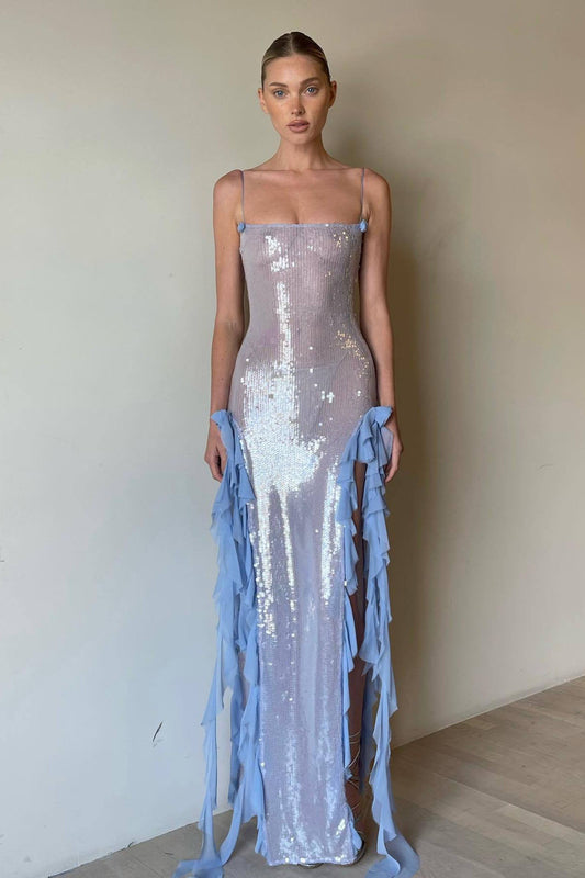 Sequin Sheer Side Slit Spaghetti Midi Dress