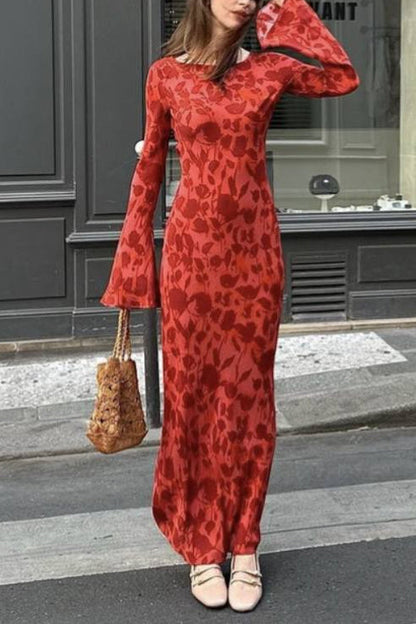 Bell Long Sleeves Print Maxi Dress