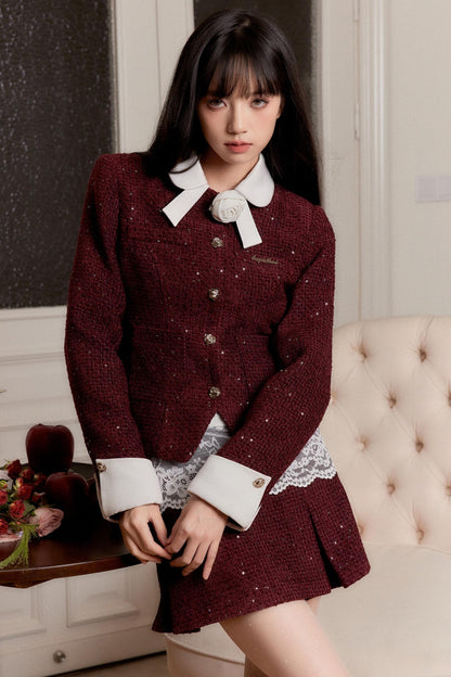 Lace-trimmed Velvet Blouse and Skirt Set-up
