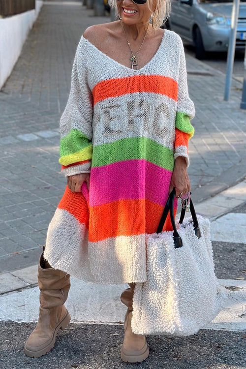 V Neck Letter Pattern Stripes Midi Sweater Dress