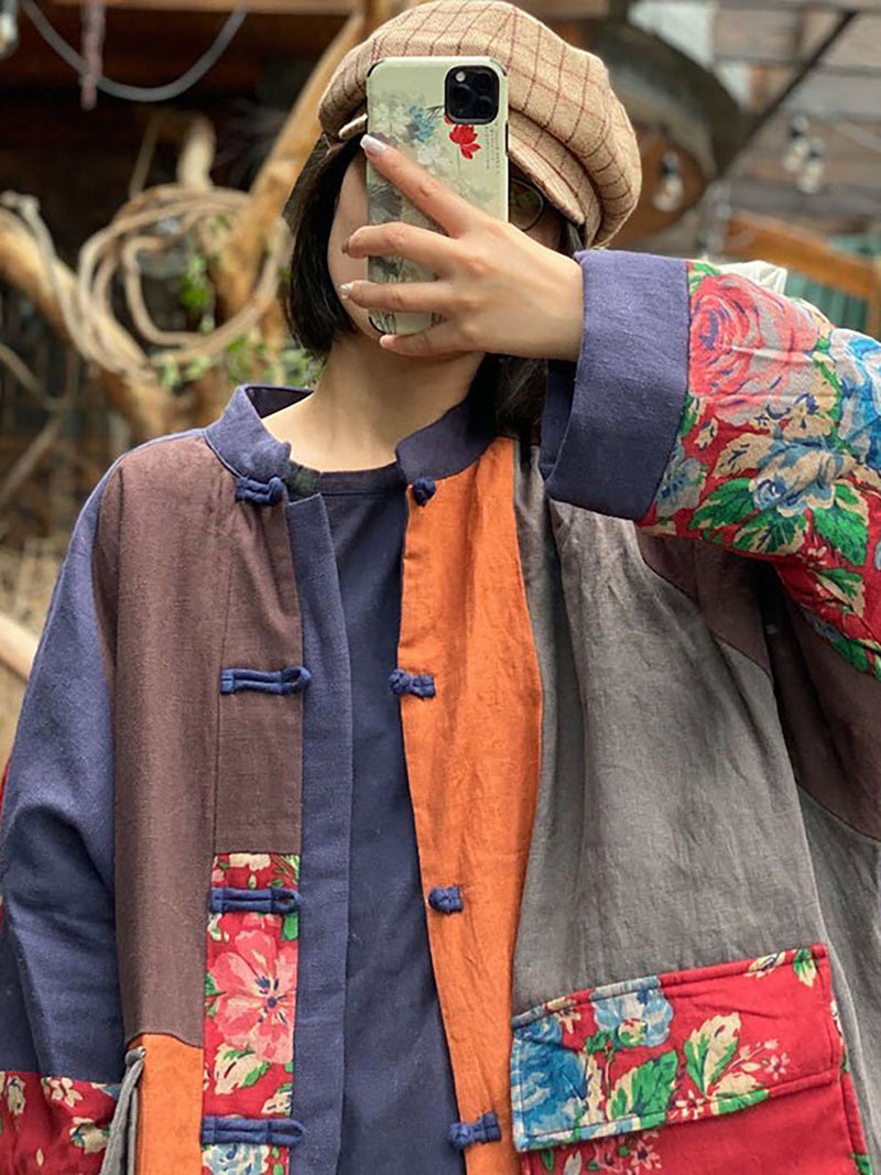 100% Cotton Stand Collar Patchwork Long Coat Qu014