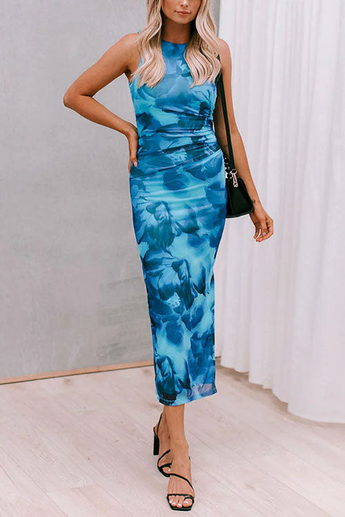 Side Slit Sleeveless Print Bodycon Midi Dress