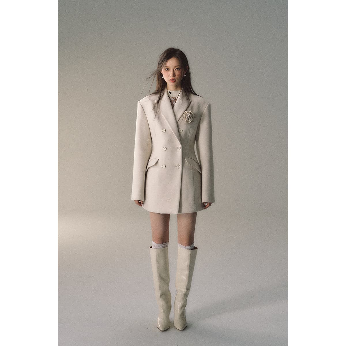 Cream Woolen Double-breasted Coat