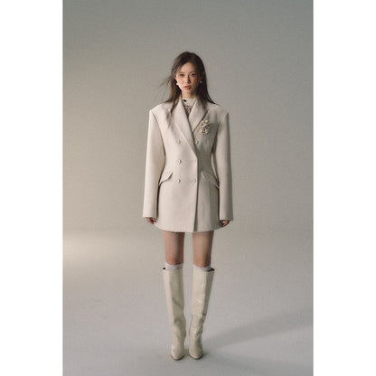 Cream Woolen Double-breasted Coat
