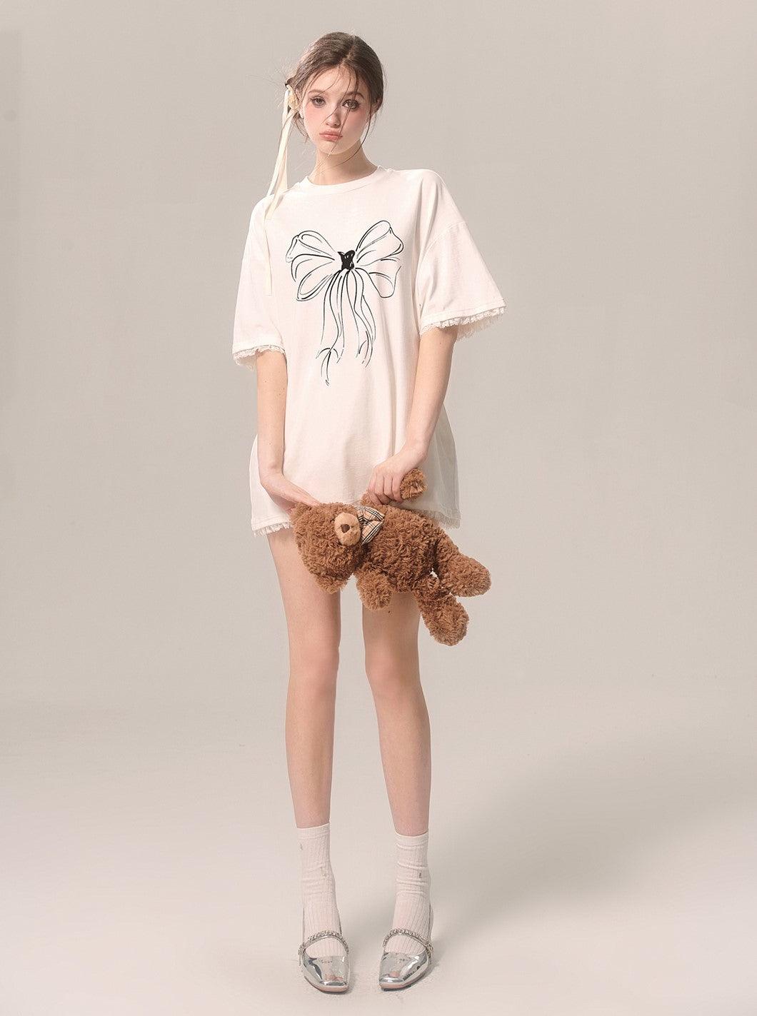 White Loose Short-sleeved T-shirt With Bow Lace Trim