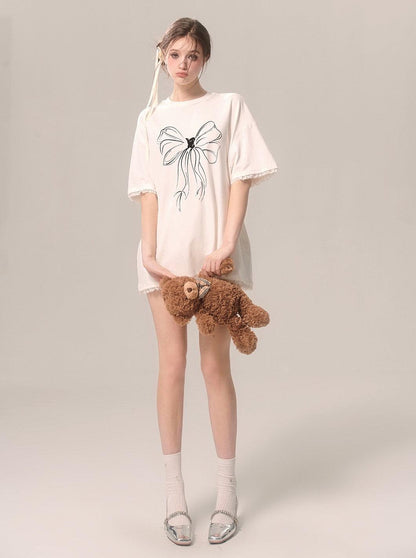White Loose Short-sleeved T-shirt With Bow Lace Trim