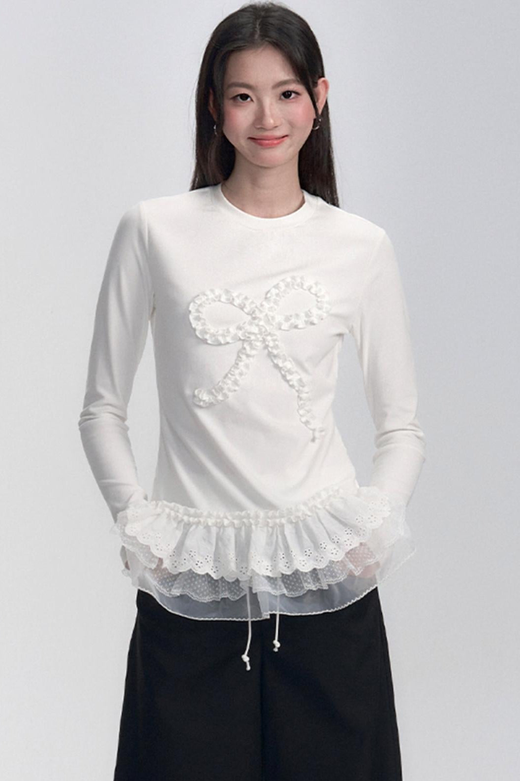 Ruffle Bow Lace Trim Sweater