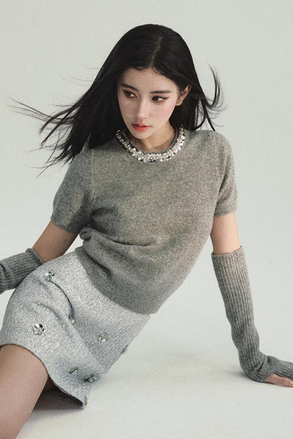 Layered Look: Pearl-trimmed Cropped Sweater With Detachable Arm Warmers