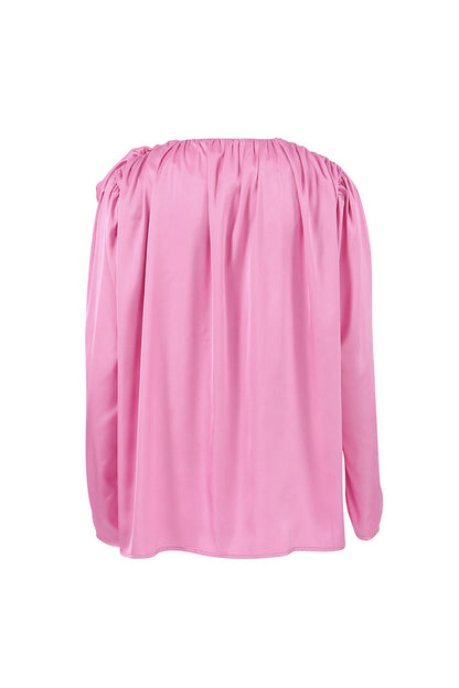 Pink V Neck Ruched Lace-up Blouse