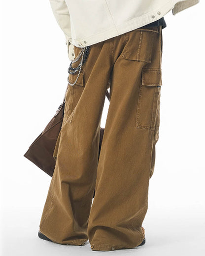 Washed Pleated Wide Leg Cargo Pants