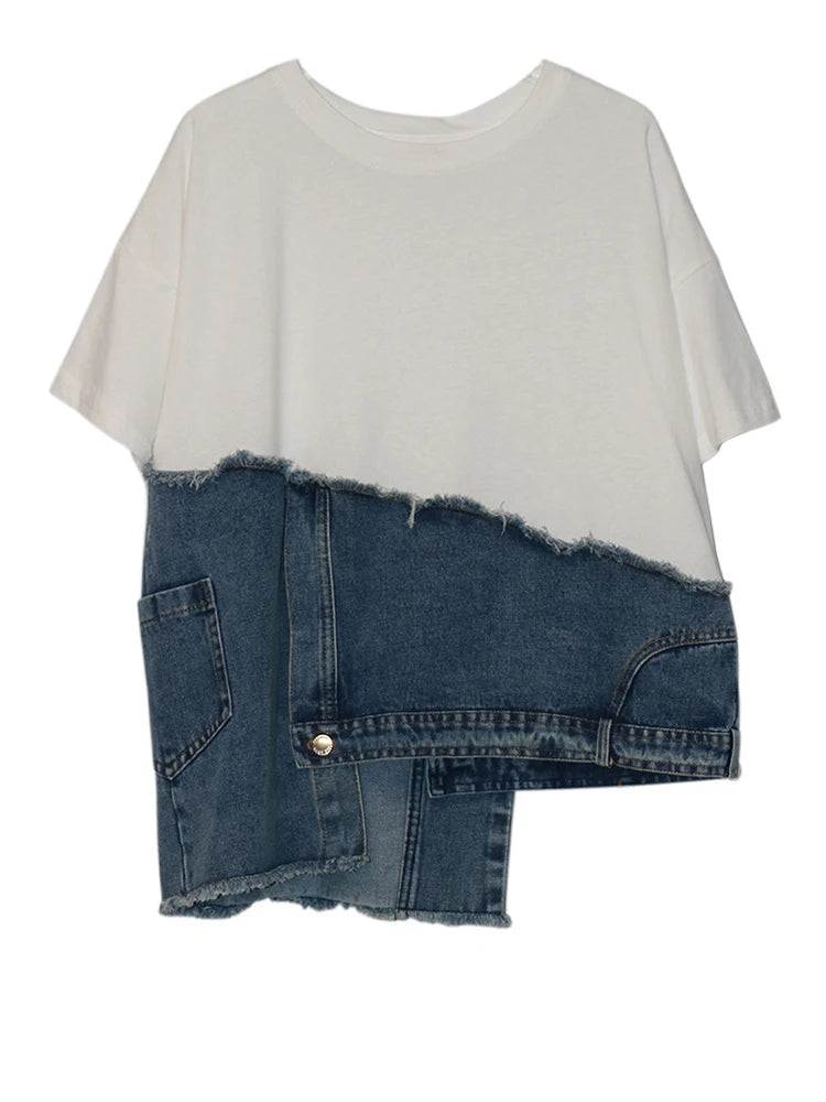Denim Street Patchwork Sleeve White Short T-shirt O-neck Hem