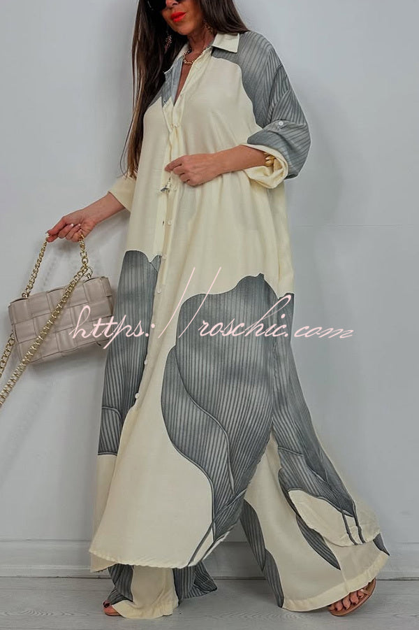 Unique Printed Loose Long Shirt and Elastic Waist Pocket Wide Leg Pants Set