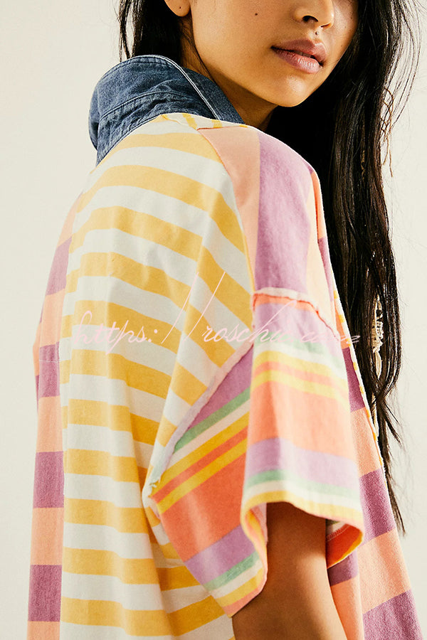 Contrast Striped Patchwork Denim Lapel Loose Mini Dress