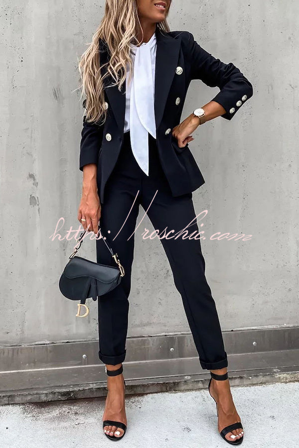 Time to Charm Lapel Button Pocket Long Sleeve Blazer Elastic Waist Pants Suit