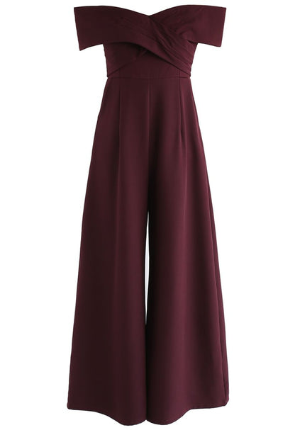 Eternal Sweet Cross Breast Off-shoulder Jumpsuit in Wine