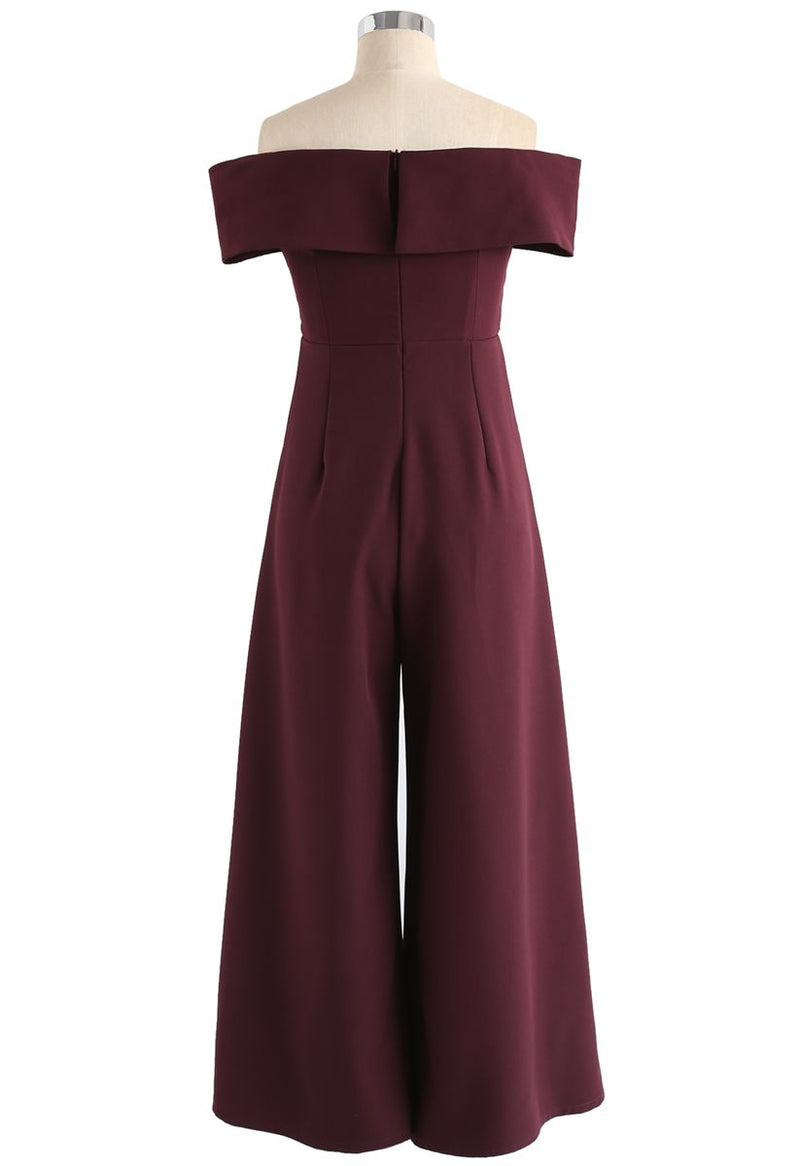 Eternal Sweet Cross Breast Off-shoulder Jumpsuit in Wine