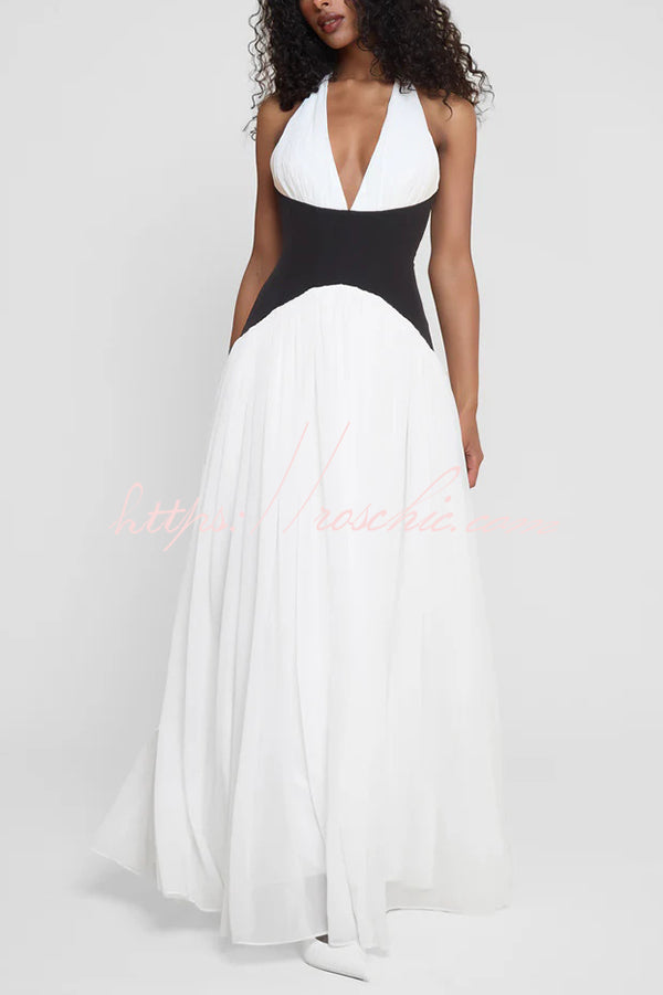 Fashionable Color Matching Halter Neck Waist Maxi Dress