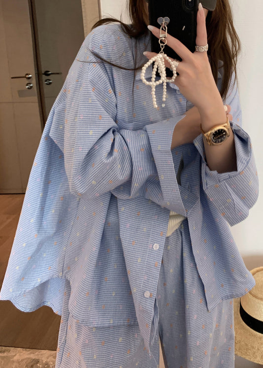Urban Blue Plaid Stand Collar Button Cotton Blouses Spring Nn019