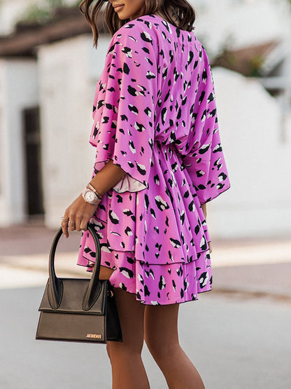 A-line High Waisted Double Layered Elasticity Leopard Printed V-neck Mini Dresses