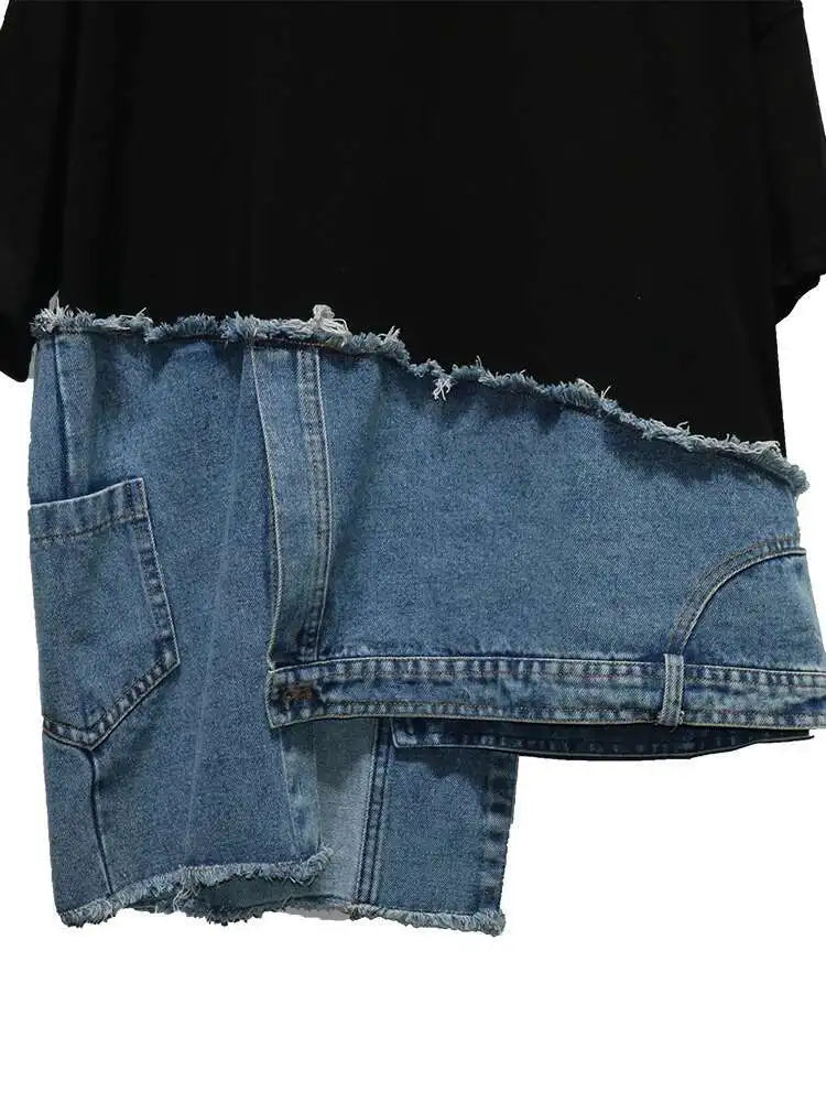Denim Street Patchwork Sleeve White Short T-shirt O-neck Hem