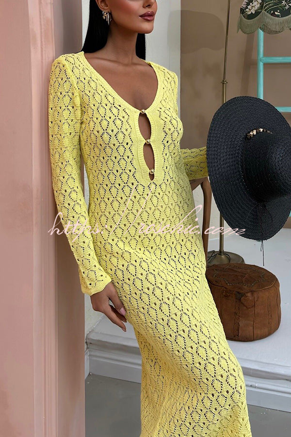 V-neck Long-sleeved Hollow Slim Maxi Dress