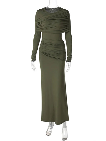 Autumn Patchwork Long Dress Female Slim High Waist Skinny Party Dress Gown Pleated Bodycon Dress