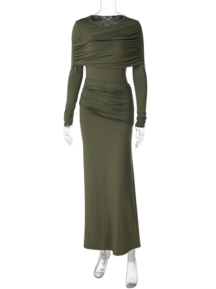 Autumn Patchwork Long Dress Female Slim High Waist Skinny Party Dress Gown Pleated Bodycon Dress