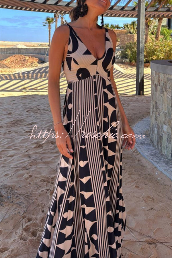 Sabine Geometric Print V-neck Back Smocked A-line Maxi Dress