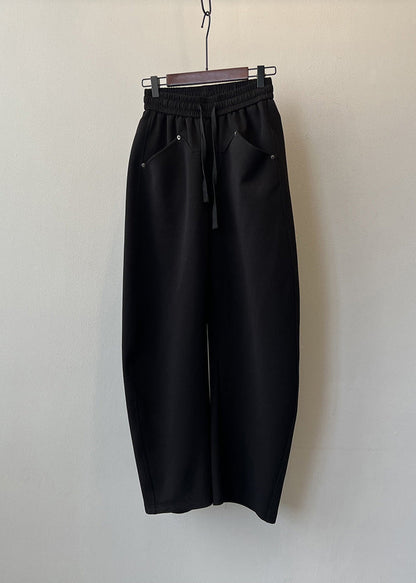 Black Pockets Cotton Pants Drawstring Elastic Waist Fall Af1071