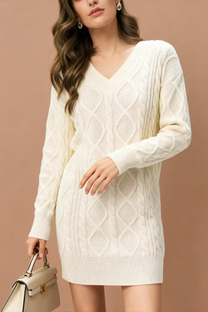 V-neck Cable-knit Sweater Mini Dress